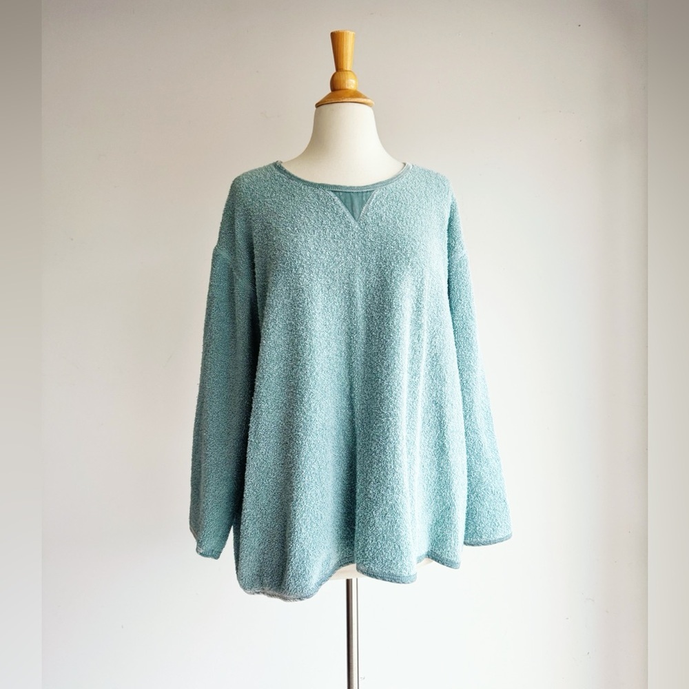 J. JILL Robin’s Egg Terry Cloth Velvet Trim Sweater Large - Picture 2 of 7